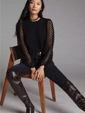 Maeve Textured Sleeve Black Top with Sheer Sleeves Size Small NWT